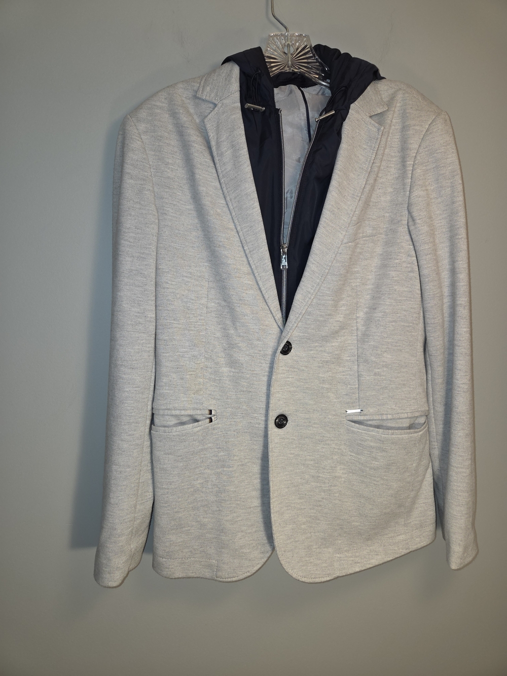 Zara Light Gray Blazer with Navy Hooded Liner